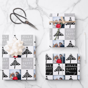 Feuille De Papier Cadeau Photo de famille moderne d'arbre de Noël noir