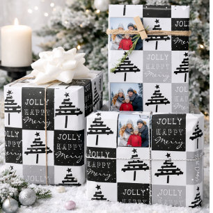 Feuille De Papier Cadeau Photo de famille moderne d'arbre de Noël noir