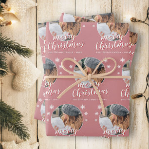Feuille De Papier Cadeau Photo de famille rose Flocon de neige Joyeux Noël 