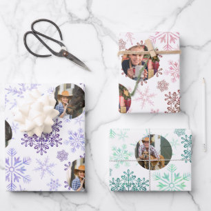 Feuille De Papier Cadeau Photo personnalisée Purple Red Green Snowflakes S