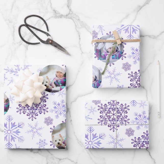 Feuille De Papier Cadeau Photo personnalisée Violet Snowflakes Set de 3 (Recto)