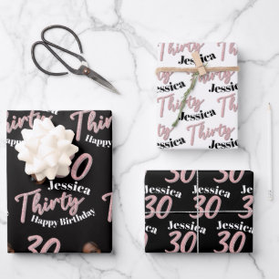 Feuille De Papier Cadeau Photos de 30e anniversaire rose noir et blanc
