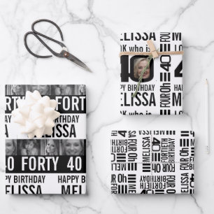 Feuille De Papier Cadeau Photos de 40 ans monochrome noir et blanc