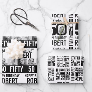 Feuille De Papier Cadeau Photos de 50e anniversaire mono noir blanc