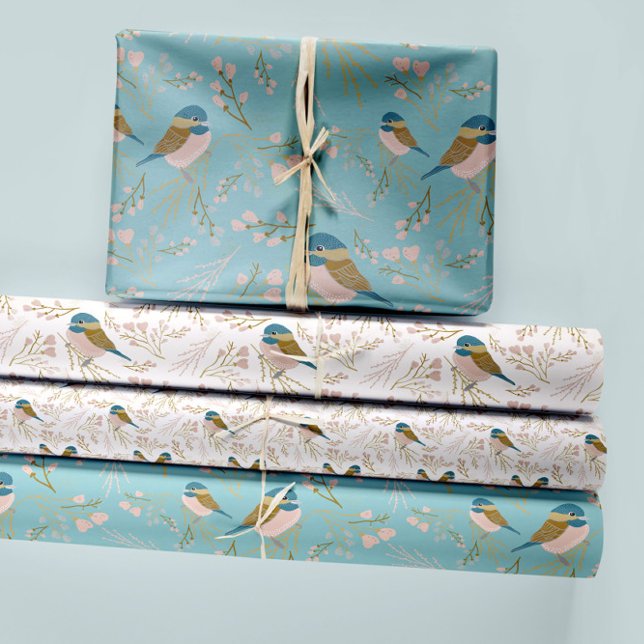 Feuille De Papier Cadeau Pickadee Et Découpage Florale (Chickadee Hearts Flowers Blue Gold Pink Wrapping Paper Sheets from Studio Posies.)