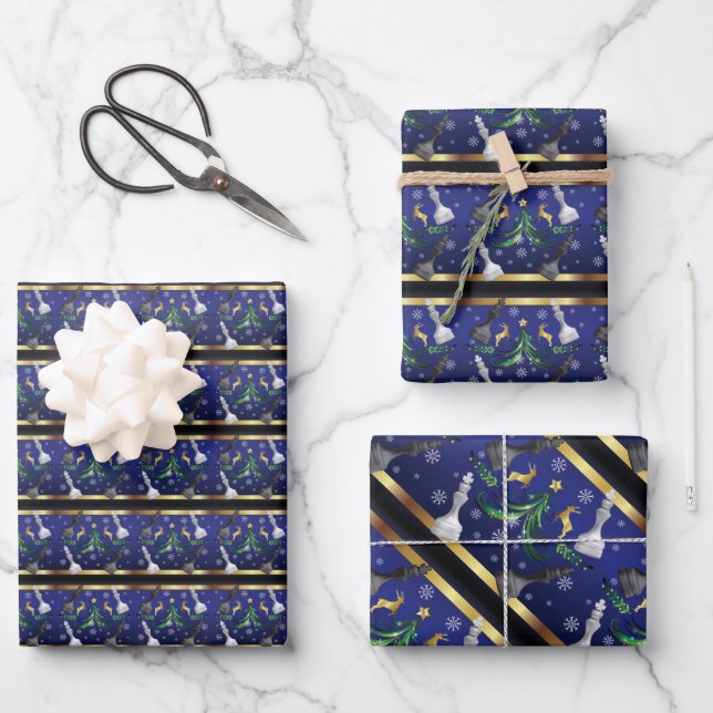 Feuille De Papier Cadeau Pièces de jeu d'échecs de Noël - Flocons de neige, (Recto)