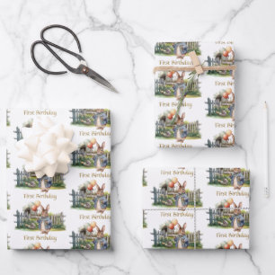 Feuille De Papier Cadeau Pierre les ballons de lapin Premier anniversaire