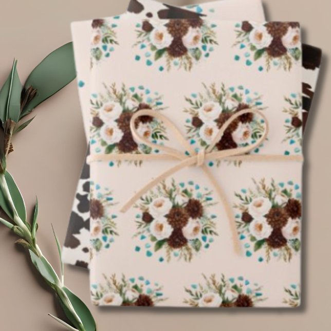 Feuille De Papier Cadeau Pierres Turquoise de Bohème Rustique Occidental Fl (Western Rustic Boho Wildflower Turquoise Stones Wrapping Paper Sheets)