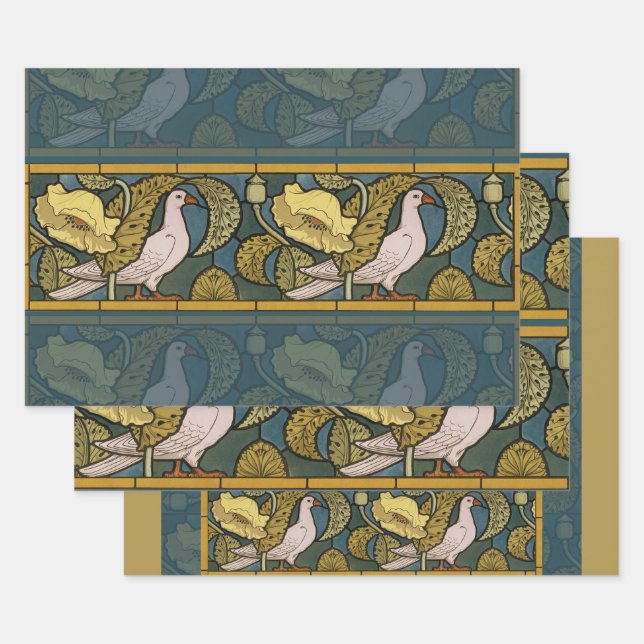 Feuille De Papier Cadeau Pigeon Blue Yellow Fish Art Nouveau (Lot)