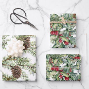 Feuille De Papier Cadeau Pin vert cônes Berry rouge