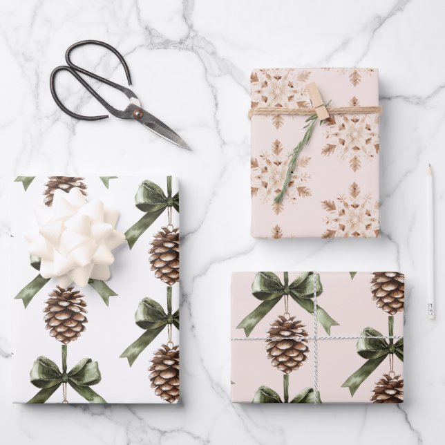 Feuille De Papier Cadeau Pine Cone Green Bow Christmas Cream Snowflakes (Recto)
