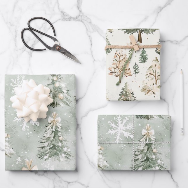 Feuille De Papier Cadeau Pine Green Cream Christmas Trees Snowflakes (Recto)