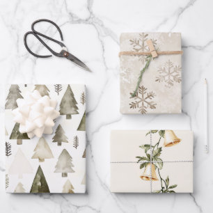 Feuille De Papier Cadeau Pine Green Crème Arbres de Noël Cloches Snowflakes