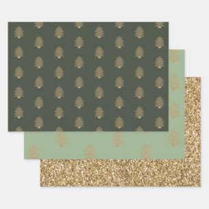 Feuille De Papier Cadeau Pine Green Gold Glitzy Parties scintillant Arbres 