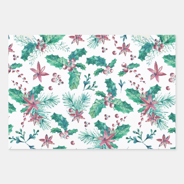 Feuille De Papier Cadeau Pine Twig et Holly Berries (Devant)