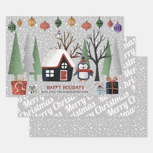 Feuille De Papier Cadeau Pingouin d'hiver, Joyeux Noël et flocons de neige (Lot)