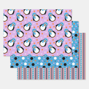 Feuille De Papier Cadeau Pingouin mignon avec Casquette et Scarf Stripes Po