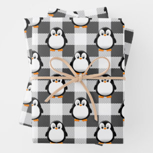 Feuille De Papier Cadeau Pingouin mignon Plaid Motif en noir blanc et gris
