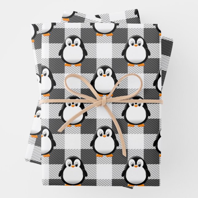 Feuille De Papier Cadeau Pingouin mignon Plaid Motif en noir blanc et gris (En situation)