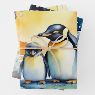 Feuille De Papier Cadeau Pingouins dansant dans l'aquarelle tempête de neig