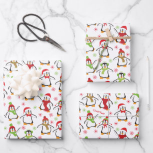 Feuille De Papier Cadeau Pingouins dansants Noël rouge et Motif vert
