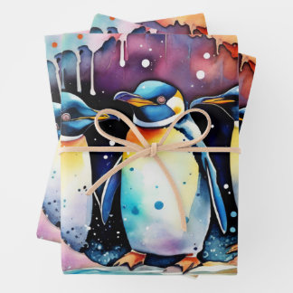 Feuille De Papier Cadeau Pingouins d'aquarelle nager sous l'eau