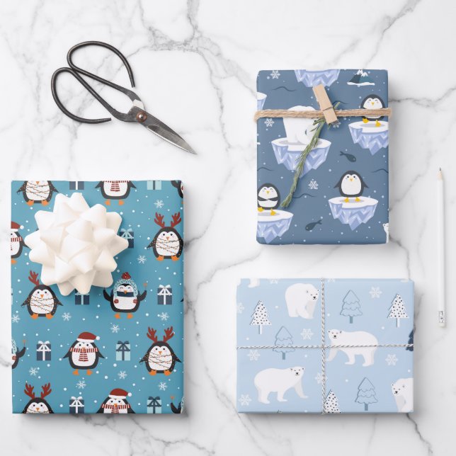 Feuille De Papier Cadeau Pingouins de Noël et ours carrelés (Recto)