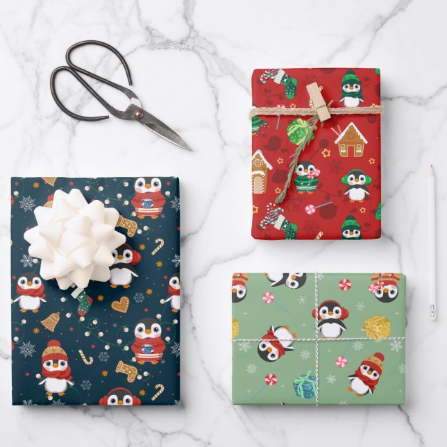 Feuille De Papier Cadeau Pingouins de Noël mignons (Recto)