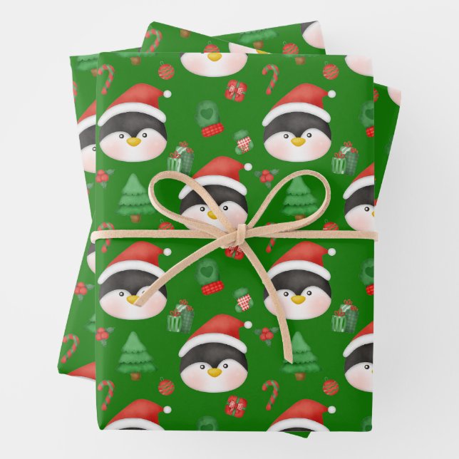 Feuille De Papier Cadeau Pingouins de Noël, ornements et cadeaux verts (En situation)