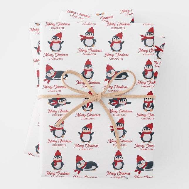 Feuille De Papier Cadeau Pingouins d'hiver Joyeux Noël Nom personnalisé (En situation)