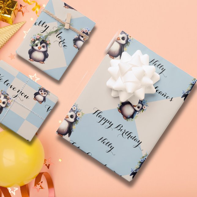 Feuille De Papier Cadeau Pingouins mignons pour fille Bilingue Joyeux anniv (Penguins Bilingual text wrapping paper. Feliz Cumpleaños, Happy Birthday, & name. Multilingual proje)