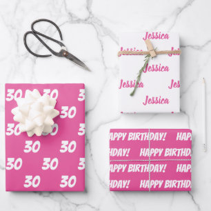 Feuille De Papier Cadeau PINK 30e Joyeux anniversaire Nom personnalisé