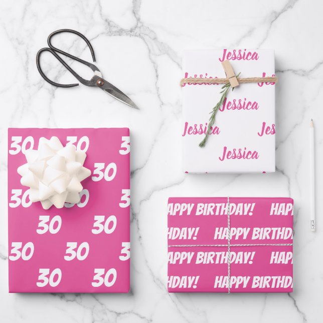 Feuille De Papier Cadeau PINK 30e Joyeux anniversaire Nom personnalisé (Recto)