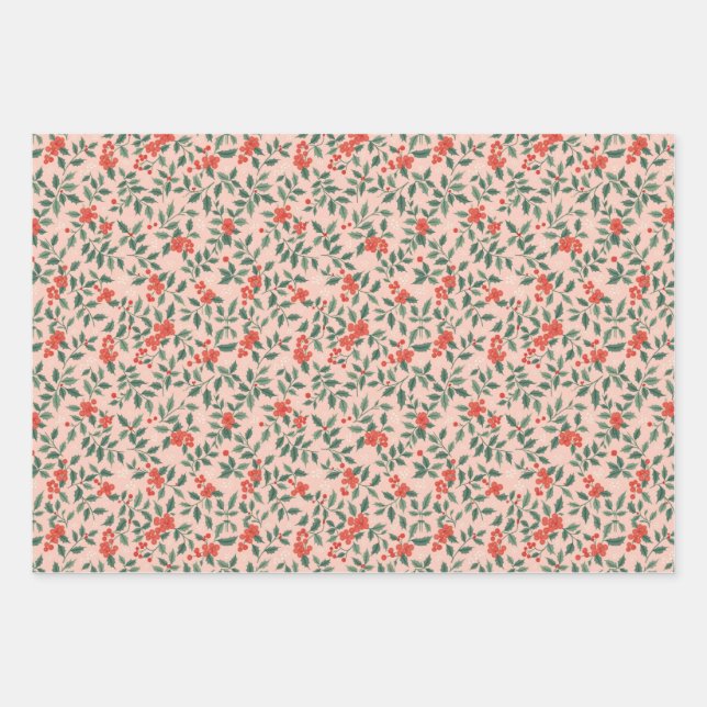 Feuille De Papier Cadeau Pink and Holly Christmas Wrapping Paper (Devant)
