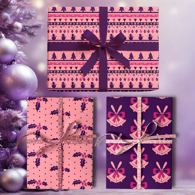 Feuille De Papier Cadeau Pink and Purple Festive Holiday Cheer  (Créateur téléchargé)