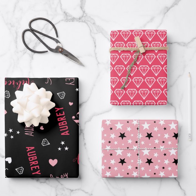 Feuille De Papier Cadeau Pink Black Diamonds Hearts Stars Ajouter un nom (Recto)