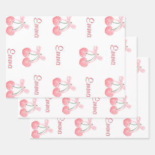 Feuille De Papier Cadeau Pink Bow et Cherry Personnalisé Nom de la fille