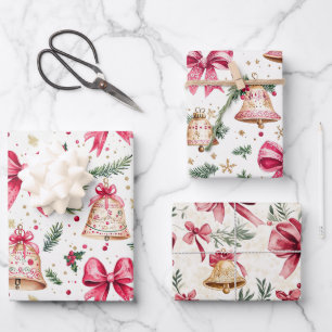 Feuille De Papier Cadeau Pink Bows Gold Bells Noël