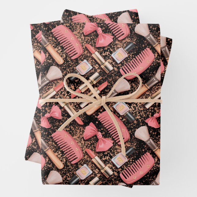 Feuille De Papier Cadeau Pink Cosmetics Pattern Glitter  (En situation)