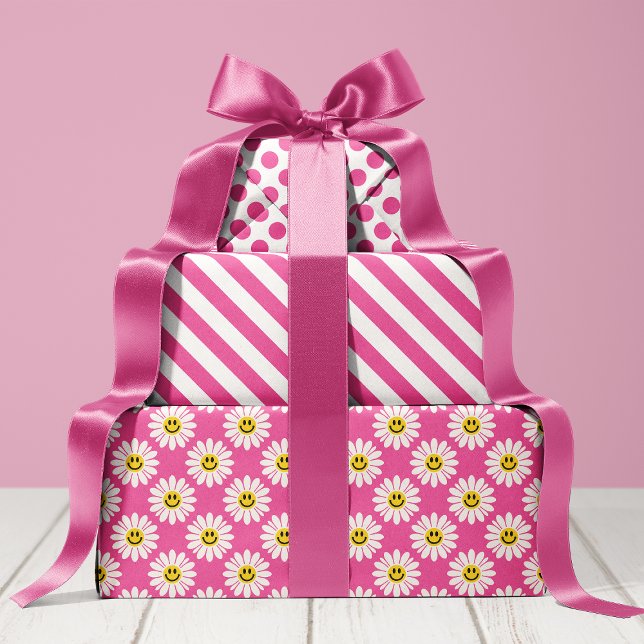 Feuille De Papier Cadeau Pink Daisy Floral Stripes Polka Dot (Créateur téléchargé)