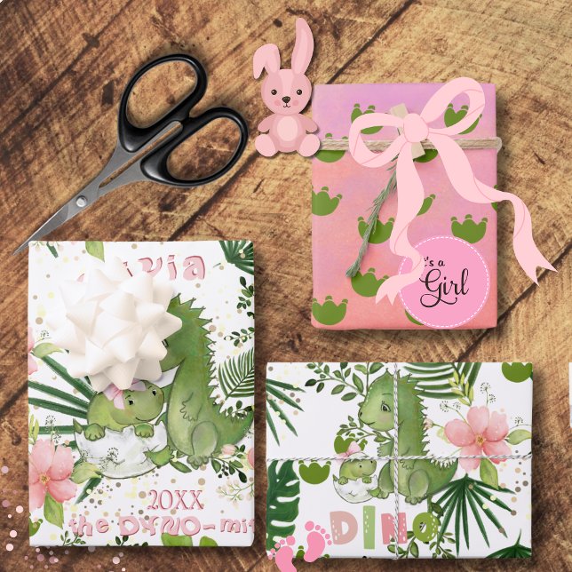 Feuille De Papier Cadeau Pink Dino & Tropical Leaves Custom Gift Wrap (Pink Dino & Tropical Leaves Custom Gift Wrap)