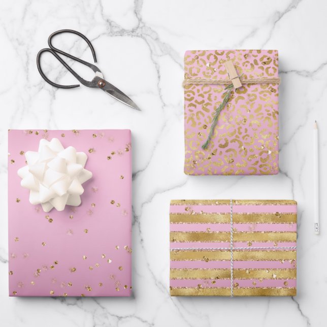 Feuille De Papier Cadeau Pink Dream Gold Glitz Sparkle Stripes Leopard (Recto)