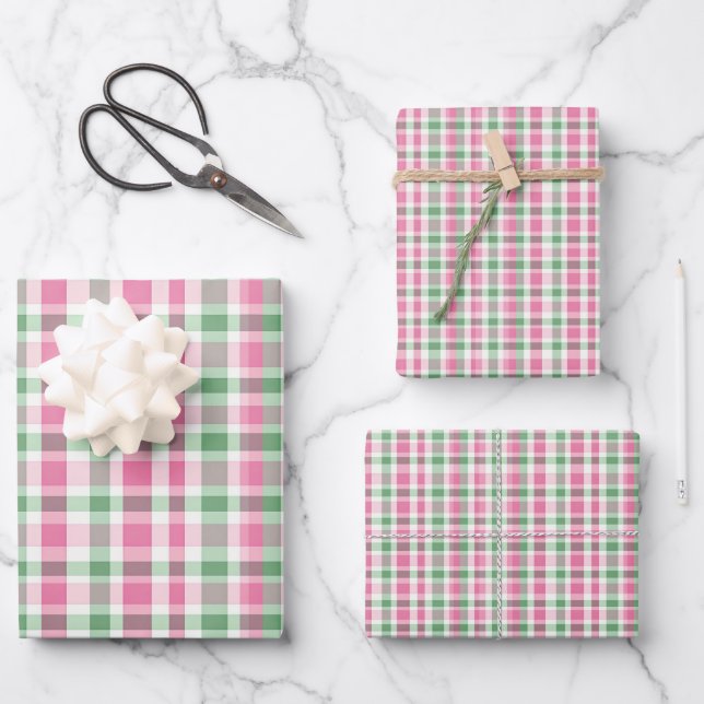 Feuille De Papier Cadeau Pink et vert preppy Plaid (Recto)