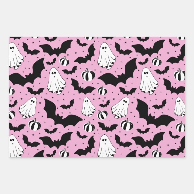 Feuille De Papier Cadeau Pink ghosts, bats and pumpkins (Devant)