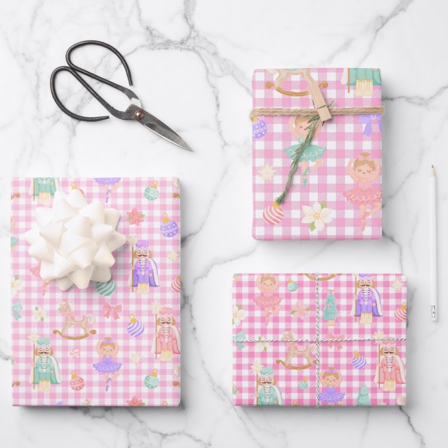 Feuille De Papier Cadeau Pink Gingham Nutcracker Birthday (Recto)