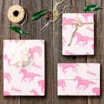 Feuille De Papier Cadeau Pink Glitter Horse Pattern Girl Name Birthday<br><div class="desc">Give your young horse fan her very own custom glitter horse pattern wrapping paper! Gift wrap features sparkly horses standing, rearing, trotting, and running. The wrapping paper may be personalized with the first name of your little kid. Cute for a girl! This wrapping paper makes a great personalized addition to...</div>