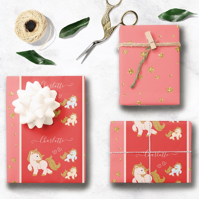 Feuille De Papier Cadeau Pink Glitter Ponies with First Name Little Girl (Créateur téléchargé)