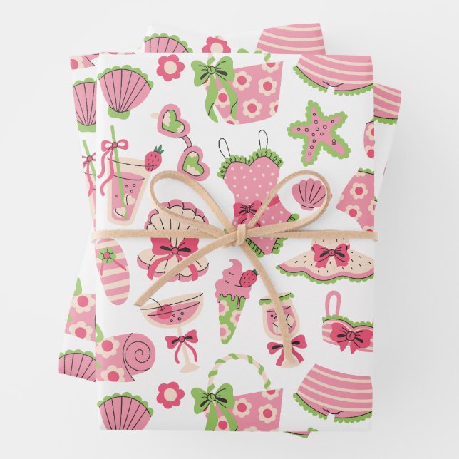 Feuille De Papier Cadeau Pink & Green Coquette Summer Beach Vacation (En situation)