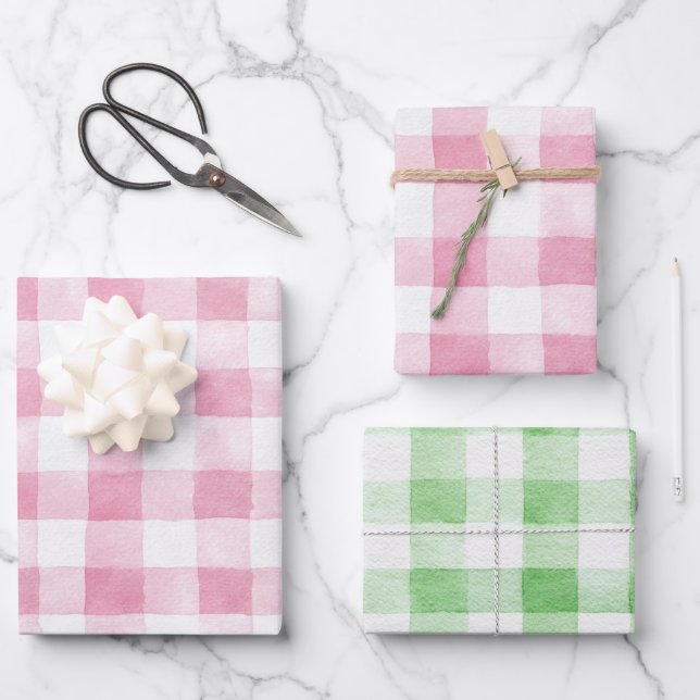 Feuille De Papier Cadeau Pink Green White Plaid Stripes Birthday (Recto)