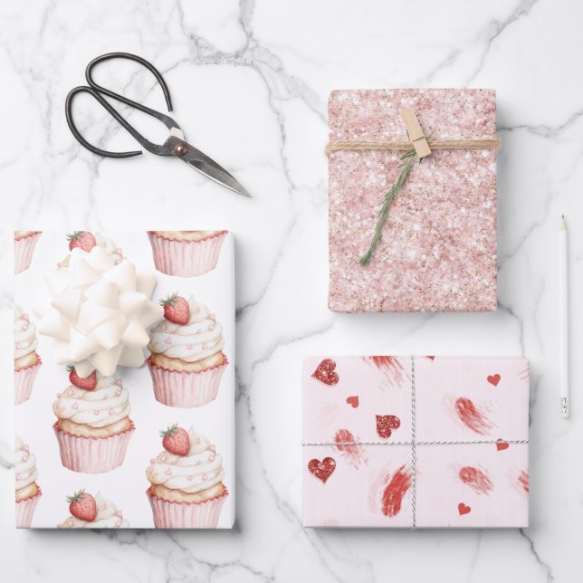 Feuille De Papier Cadeau Pink Hearts Strawberry Cupcake   (Recto)